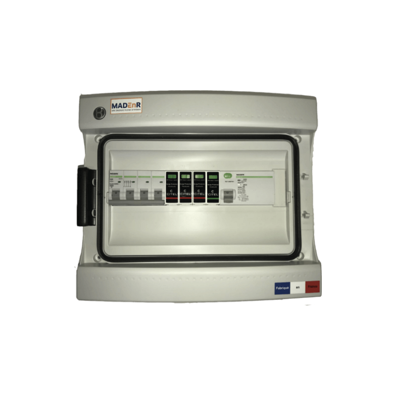 Coffret AC - Triphasé (1 onduleur de 10 à 12 kW)   1 disj. 20A + 1 diff. 40A / 300 mA B (autre batt. que HUA) + paraf. type 2 Coffret AC - Triphasé (1 onduleur de 10 à 12 kW)   1 disj. 20A + 1 diff. 40A / 300 mA B (autre batt. que HUA) + paraf. type 2